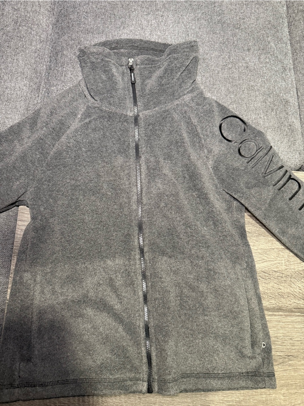 Calvin Klein Gray Zippered Fleece Jacket with Sleeve Logo - Picture 13 of 15